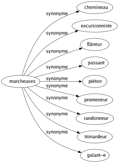 Synonyme de Marcheuses : Chemineau Excursionniste Flâneur Passant Piéton Promeneur Randonneur Trimardeur Galant-e 