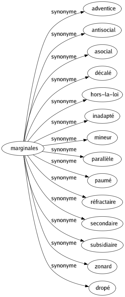 Synonyme de Marginales : Adventice Antisocial Asocial Décalé Hors-la-loi Inadapté Mineur Parallèle Paumé Réfractaire Secondaire Subsidiaire Zonard Dropé 