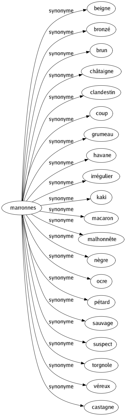 Synonyme de Marronnes : Beigne Bronzé Brun Châtaigne Clandestin Coup Grumeau Havane Irrégulier Kaki Macaron Malhonnête Nègre Ocre Pétard Sauvage Suspect Torgnole Véreux Castagne 