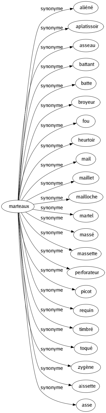 Synonyme de Marteaux : Aliéné Aplatissoir Asseau Battant Batte Broyeur Fou Heurtoir Mail Maillet Mailloche Martel Massé Massette Perforateur Picot Requin Timbré Toqué Zygène Aissette Asse 