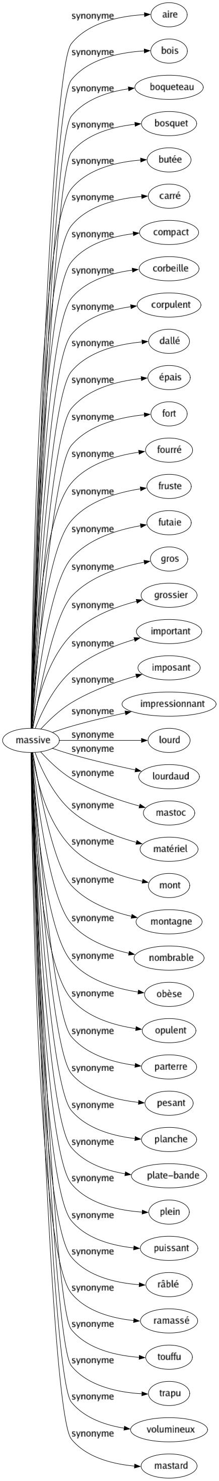 Synonyme de Massive : Aire Bois Boqueteau Bosquet Butée Carré Compact Corbeille Corpulent Dallé Épais Fort Fourré Fruste Futaie Gros Grossier Important Imposant Impressionnant Lourd Lourdaud Mastoc Matériel Mont Montagne Nombrable Obèse Opulent Parterre Pesant Planche Plate-bande Plein Puissant Râblé Ramassé Touffu Trapu Volumineux Mastard 