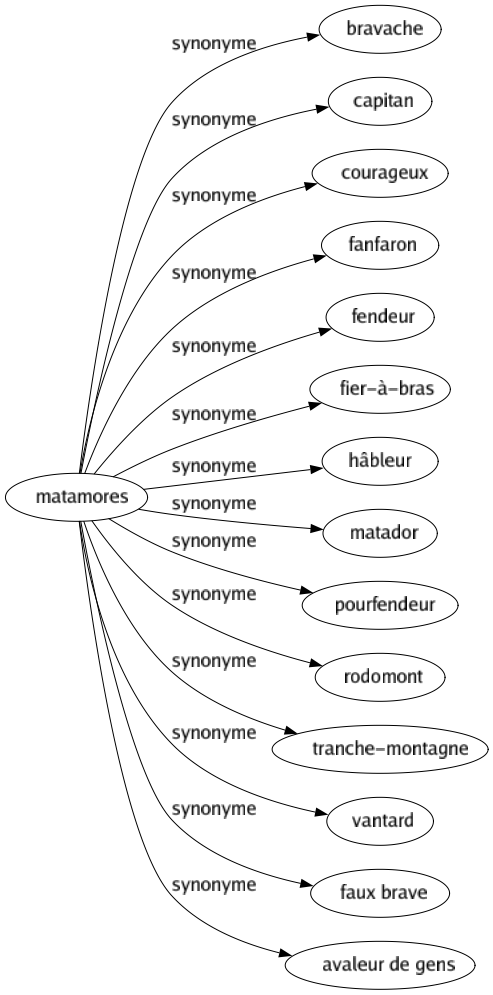 Synonyme de Matamores : Bravache Capitan Courageux Fanfaron Fendeur Fier-à-bras Hâbleur Matador Pourfendeur Rodomont Tranche-montagne Vantard Faux brave Avaleur de gens 