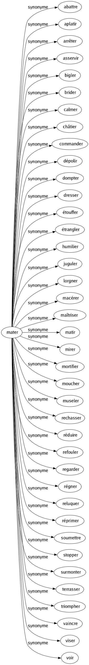 Synonyme de Mater : Abattre Aplatir Arrêter Asservir Bigler Brider Calmer Châtier Commander Dépolir Dompter Dresser Étouffer Étrangler Humilier Juguler Lorgner Macérer Maîtriser Matir Mirer Mortifier Moucher Museler Rechasser Réduire Refouler Regarder Régner Reluquer Réprimer Soumettre Stopper Surmonter Terrasser Triompher Vaincre Viser Voir 