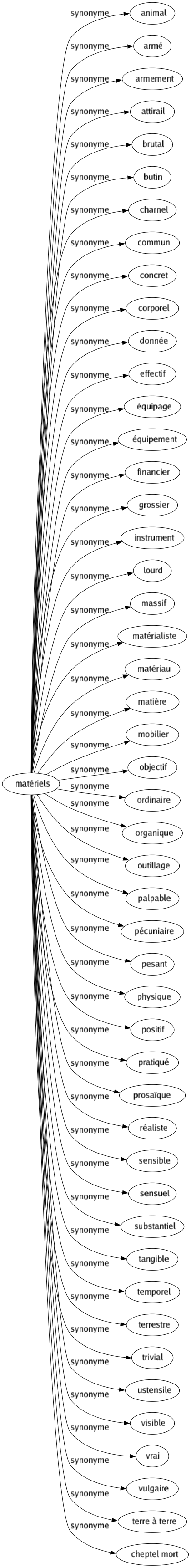 Synonyme de Matériels : Animal Armé Armement Attirail Brutal Butin Charnel Commun Concret Corporel Donnée Effectif Équipage Équipement Financier Grossier Instrument Lourd Massif Matérialiste Matériau Matière Mobilier Objectif Ordinaire Organique Outillage Palpable Pécuniaire Pesant Physique Positif Pratiqué Prosaïque Réaliste Sensible Sensuel Substantiel Tangible Temporel Terrestre Trivial Ustensile Visible Vrai Vulgaire Terre à terre Cheptel mort 