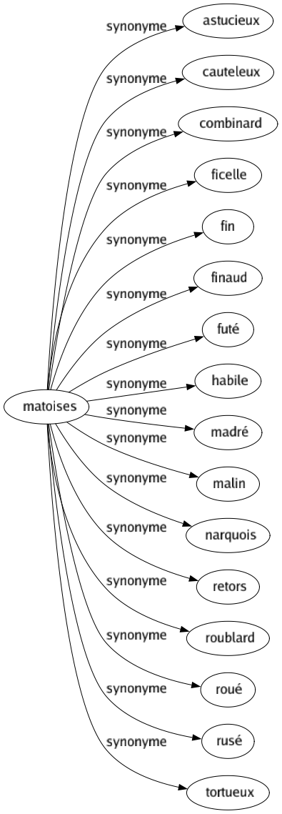 Synonyme de Matoises : Astucieux Cauteleux Combinard Ficelle Fin Finaud Futé Habile Madré Malin Narquois Retors Roublard Roué Rusé Tortueux 