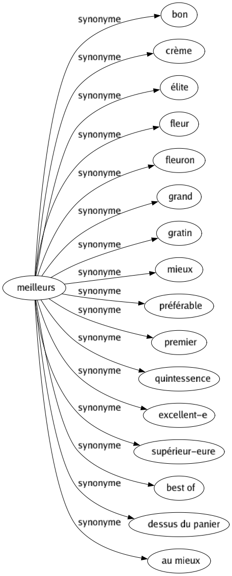 Synonyme de Meilleurs : Bon Crème Élite Fleur Fleuron Grand Gratin Mieux Préférable Premier Quintessence Excellent-e Supérieur-eure Best of Dessus du panier Au mieux 