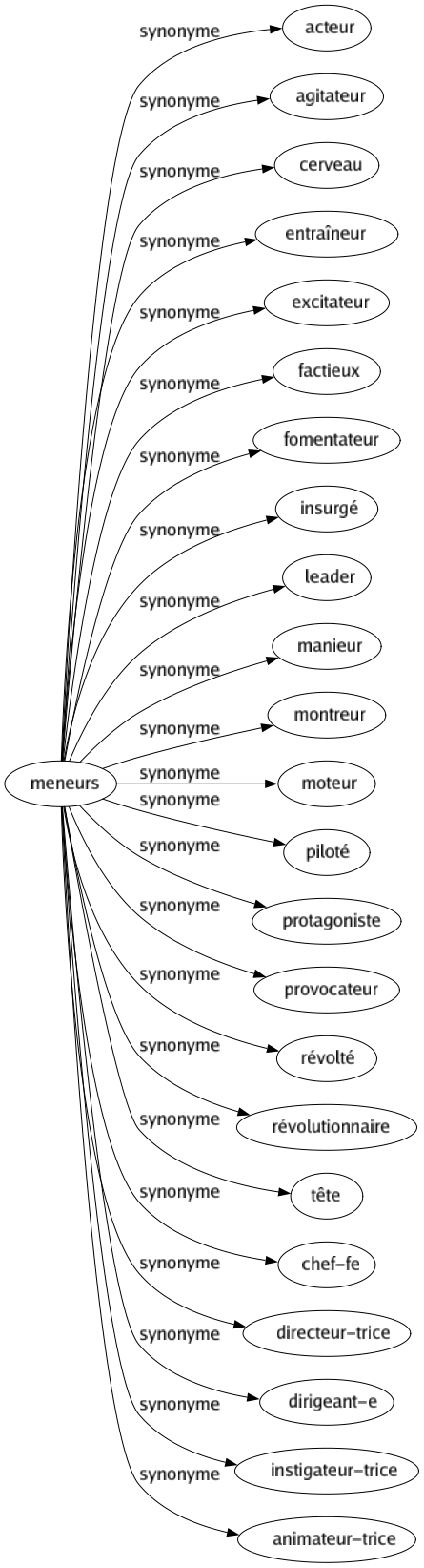 Synonyme de Meneurs : Acteur Agitateur Cerveau Entraîneur Excitateur Factieux Fomentateur Insurgé Leader Manieur Montreur Moteur Piloté Protagoniste Provocateur Révolté Révolutionnaire Tête Chef-fe Directeur-trice Dirigeant-e Instigateur-trice Animateur-trice 