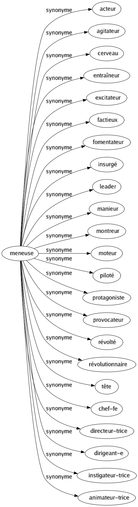 Synonyme de Meneuse : Acteur Agitateur Cerveau Entraîneur Excitateur Factieux Fomentateur Insurgé Leader Manieur Montreur Moteur Piloté Protagoniste Provocateur Révolté Révolutionnaire Tête Chef-fe Directeur-trice Dirigeant-e Instigateur-trice Animateur-trice 