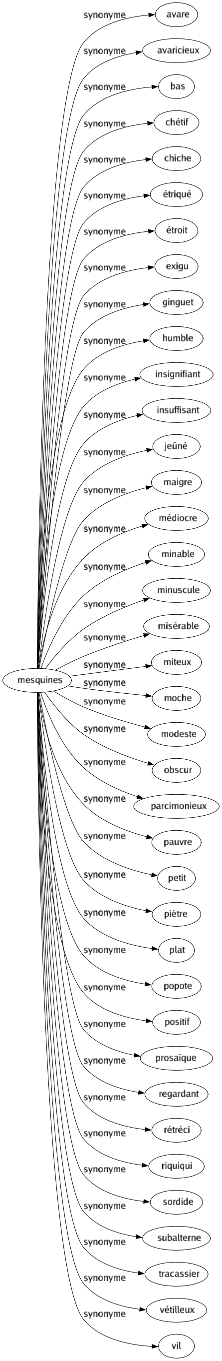 Synonyme de Mesquines : Avare Avaricieux Bas Chétif Chiche Étriqué Étroit Exigu Ginguet Humble Insignifiant Insuffisant Jeûné Maigre Médiocre Minable Minuscule Misérable Miteux Moche Modeste Obscur Parcimonieux Pauvre Petit Piètre Plat Popote Positif Prosaïque Regardant Rétréci Riquiqui Sordide Subalterne Tracassier Vétilleux Vil 