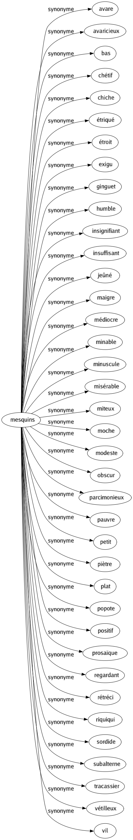 Synonyme de Mesquins : Avare Avaricieux Bas Chétif Chiche Étriqué Étroit Exigu Ginguet Humble Insignifiant Insuffisant Jeûné Maigre Médiocre Minable Minuscule Misérable Miteux Moche Modeste Obscur Parcimonieux Pauvre Petit Piètre Plat Popote Positif Prosaïque Regardant Rétréci Riquiqui Sordide Subalterne Tracassier Vétilleux Vil 