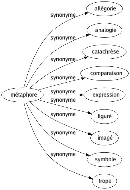 Synonyme de Métaphore : Allégorie Analogie Catachrèse Comparaison Expression Figuré Imagé Symbole Trope 