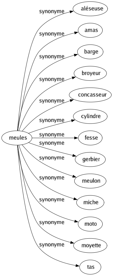 Synonyme de Meules : Aléseuse Amas Barge Broyeur Concasseur Cylindre Fesse Gerbier Meulon Miche Moto Moyette Tas 