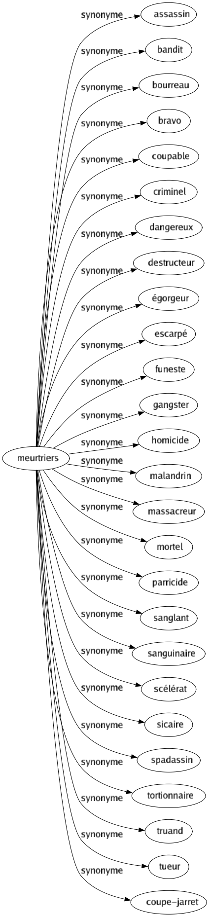 Synonyme de Meurtriers : Assassin Bandit Bourreau Bravo Coupable Criminel Dangereux Destructeur Égorgeur Escarpé Funeste Gangster Homicide Malandrin Massacreur Mortel Parricide Sanglant Sanguinaire Scélérat Sicaire Spadassin Tortionnaire Truand Tueur Coupe-jarret 