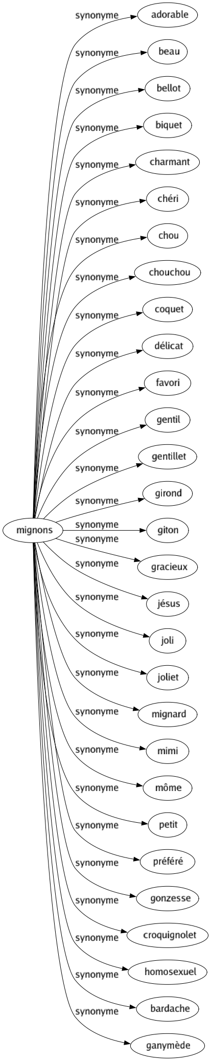Synonyme de Mignons : Adorable Beau Bellot Biquet Charmant Chéri Chou Chouchou Coquet Délicat Favori Gentil Gentillet Girond Giton Gracieux Jésus Joli Joliet Mignard Mimi Môme Petit Préféré Gonzesse Croquignolet Homosexuel Bardache Ganymède 