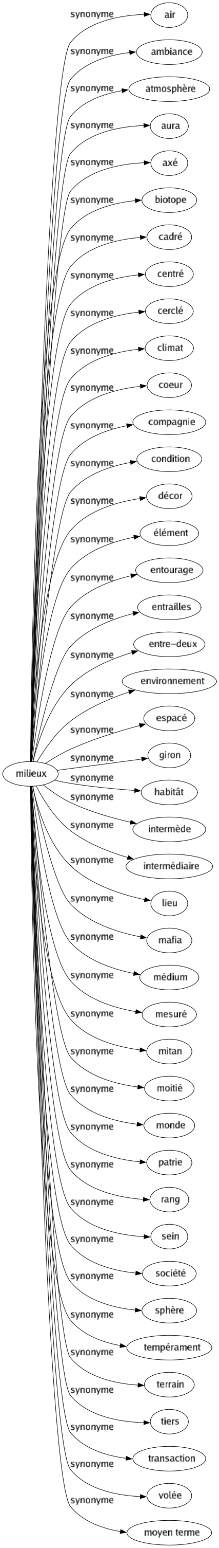 Synonyme de Milieux : Air Ambiance Atmosphère Aura Axé Biotope Cadré Centré Cerclé Climat Coeur Compagnie Condition Décor Élément Entourage Entrailles Entre-deux Environnement Espacé Giron Habitât Intermède Intermédiaire Lieu Mafia Médium Mesuré Mitan Moitié Monde Patrie Rang Sein Société Sphère Tempérament Terrain Tiers Transaction Volée Moyen terme 