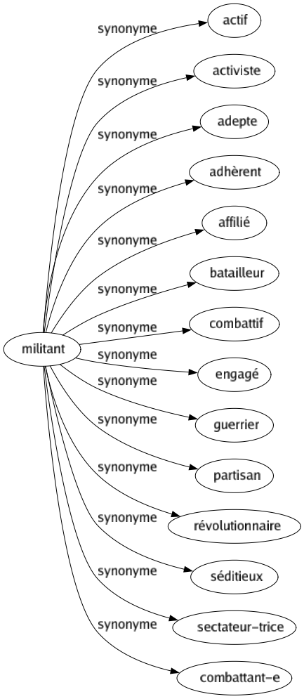 Synonyme de Militant : Actif Activiste Adepte Adhèrent Affilié Batailleur Combattif Engagé Guerrier Partisan Révolutionnaire Séditieux Sectateur-trice Combattant-e 