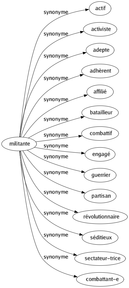 Synonyme de Militante : Actif Activiste Adepte Adhèrent Affilié Batailleur Combattif Engagé Guerrier Partisan Révolutionnaire Séditieux Sectateur-trice Combattant-e 