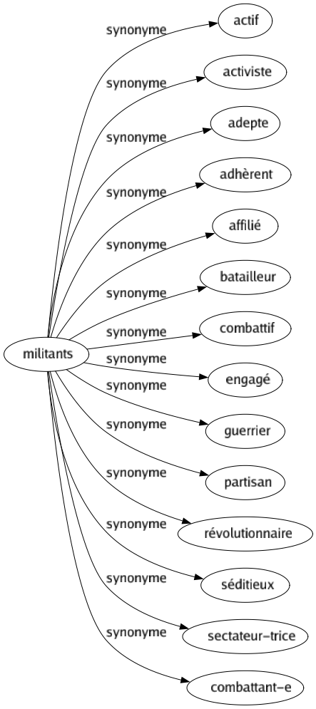 Synonyme de Militants : Actif Activiste Adepte Adhèrent Affilié Batailleur Combattif Engagé Guerrier Partisan Révolutionnaire Séditieux Sectateur-trice Combattant-e 