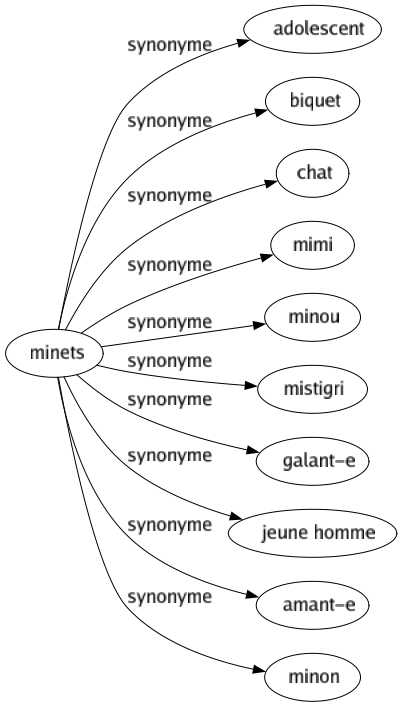 Synonyme de Minets : Adolescent Biquet Chat Mimi Minou Mistigri Galant-e Jeune homme Amant-e Minon 