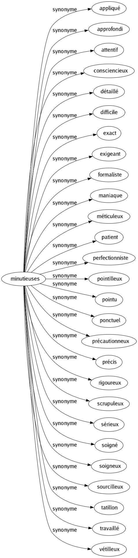 Synonyme de Minutieuses : Appliqué Approfondi Attentif Consciencieux Détaillé Difficile Exact Exigeant Formaliste Maniaque Méticuleux Patient Perfectionniste Pointilleux Pointu Ponctuel Précautionneux Précis Rigoureux Scrupuleux Sérieux Soigné Soigneux Sourcilleux Tatillon Travaillé Vétilleux 