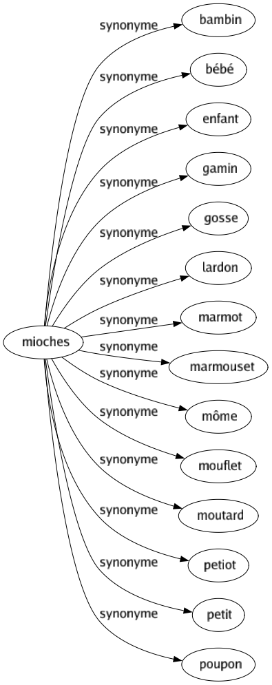 Synonyme de Mioches : Bambin Bébé Enfant Gamin Gosse Lardon Marmot Marmouset Môme Mouflet Moutard Petiot Petit Poupon 