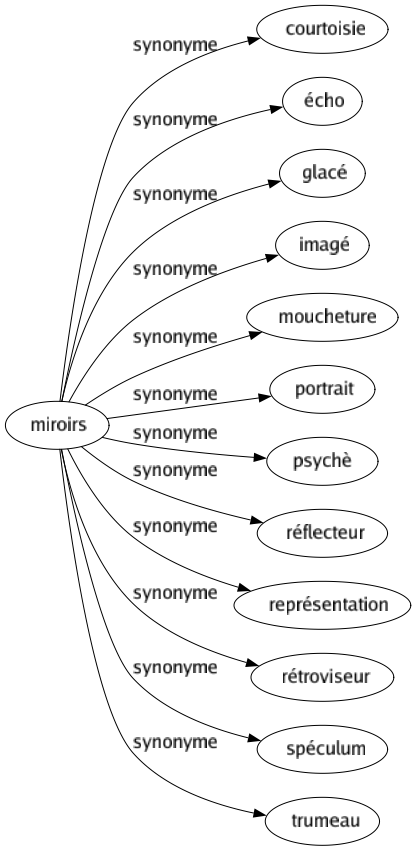 Synonyme de Miroirs : Courtoisie Écho Glacé Imagé Moucheture Portrait Psychè Réflecteur Représentation Rétroviseur Spéculum Trumeau 