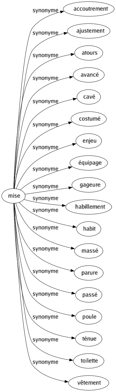 Synonyme de Mise : Accoutrement Ajustement Atours Avancé Cavé Costumé Enjeu Équipage Gageure Habillement Habit Massé Parure Passé Poule Ténue Toilette Vêtement 