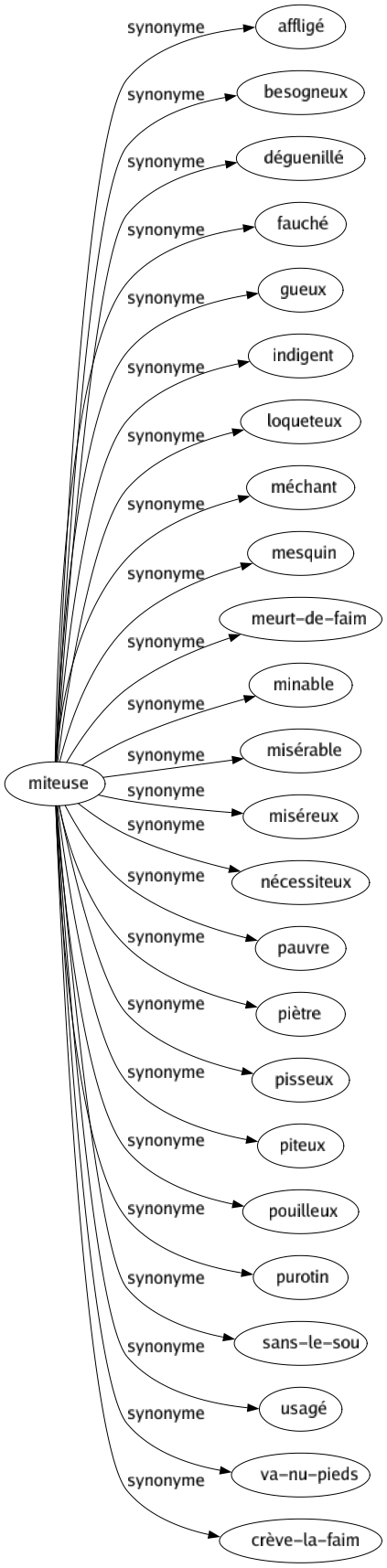 Synonyme de Miteuse : Affligé Besogneux Déguenillé Fauché Gueux Indigent Loqueteux Méchant Mesquin Meurt-de-faim Minable Misérable Miséreux Nécessiteux Pauvre Piètre Pisseux Piteux Pouilleux Purotin Sans-le-sou Usagé Va-nu-pieds Crève-la-faim 