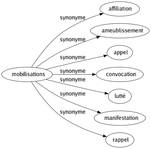 Synonyme de Mobilisations : Affiliation Ameublissement Appel Convocation Lutté Manifestation Rappel 