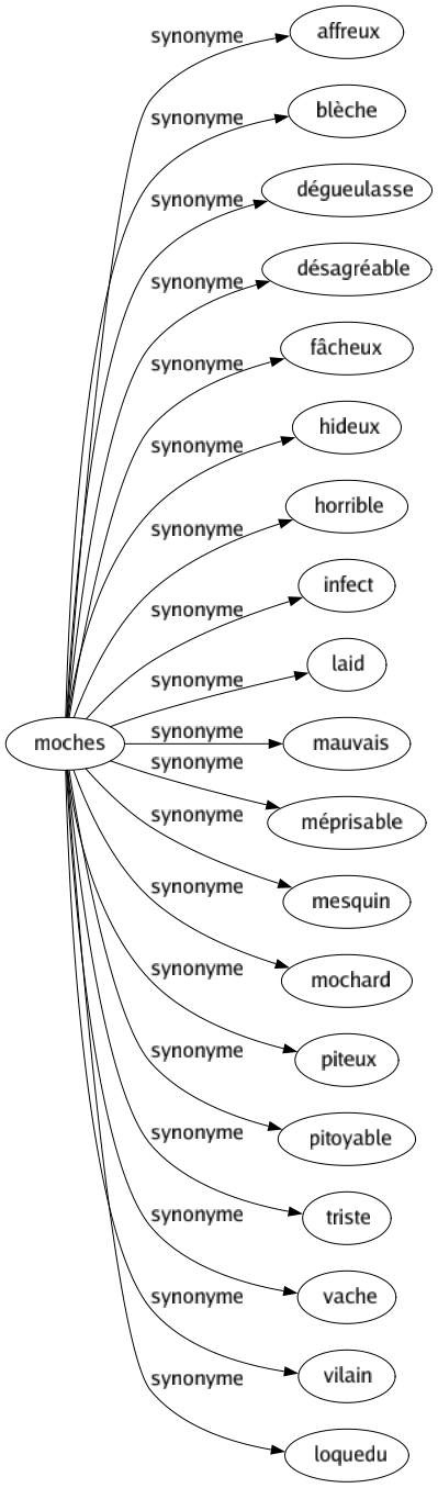 Synonyme de Moches : Affreux Blèche Dégueulasse Désagréable Fâcheux Hideux Horrible Infect Laid Mauvais Méprisable Mesquin Mochard Piteux Pitoyable Triste Vache Vilain Loquedu 