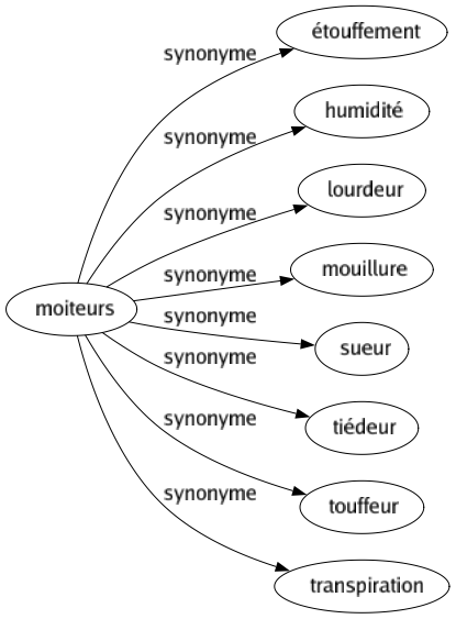 Synonyme de Moiteurs : Étouffement Humidité Lourdeur Mouillure Sueur Tiédeur Touffeur Transpiration 