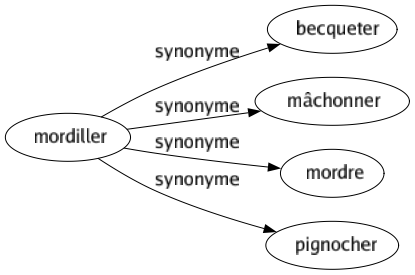 Synonyme de Mordiller : Becqueter Mâchonner Mordre Pignocher 