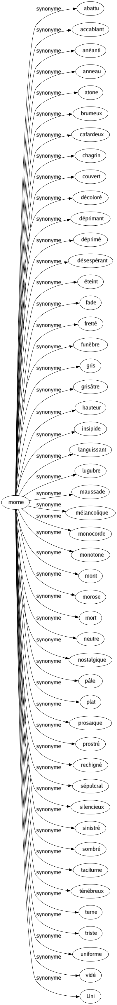 Synonyme de Morne : Abattu Accablant Anéanti Anneau Atone Brumeux Cafardeux Chagrin Couvert Décoloré Déprimant Déprimé Désespérant Éteint Fade Fretté Funèbre Gris Grisâtre Hauteur Insipide Languissant Lugubre Maussade Mélancolique Monocorde Monotone Mont Morose Mort Neutre Nostalgique Pâle Plat Prosaïque Prostré Rechigné Sépulcral Silencieux Sinistré Sombré Taciturne Ténébreux Terne Triste Uniforme Vidé Uni 