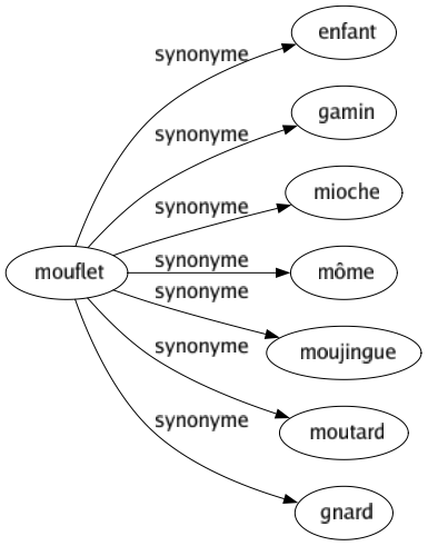 Synonyme de Mouflet : Enfant Gamin Mioche Môme Moujingue Moutard Gnard 