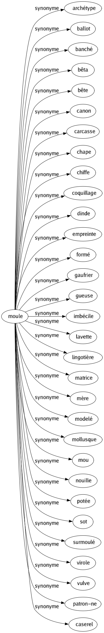 Synonyme de Moule : Archétype Ballot Banché Bêta Bête Canon Carcasse Chape Chiffe Coquillage Dinde Empreinte Formé Gaufrier Gueuse Imbécile Lavette Lingotière Matrice Mère Modelé Mollusque Mou Nouille Potée Sot Surmoulé Virole Vulve Patron-ne Caserel 