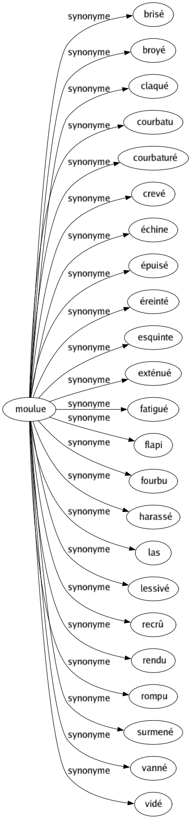 Synonyme de Moulue : Brisé Broyé Claqué Courbatu Courbaturé Crevé Échine Épuisé Éreinté Esquinte Exténué Fatigué Flapi Fourbu Harassé Las Lessivé Recrû Rendu Rompu Surmené Vanné Vidé 