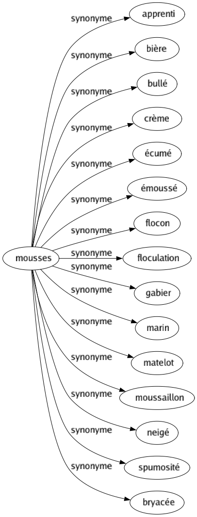 Synonyme de Mousses : Apprenti Bière Bullé Crème Écumé Émoussé Flocon Floculation Gabier Marin Matelot Moussaillon Neigé Spumosité Bryacée 