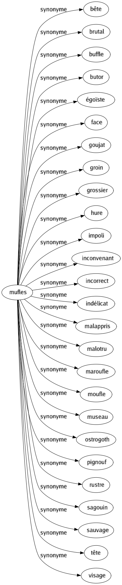 Synonyme de Mufles : Bête Brutal Buffle Butor Égoïste Face Goujat Groin Grossier Hure Impoli Inconvenant Incorrect Indélicat Malappris Malotru Maroufle Moufle Museau Ostrogoth Pignouf Rustre Sagouin Sauvage Tête Visage 