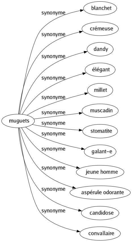 Synonyme de Muguets : Blanchet Crémeuse Dandy Élégant Millet Muscadin Stomatite Galant-e Jeune homme Aspérule odorante Candidose Convallaire 