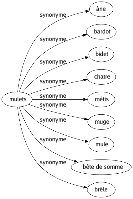 Synonyme de Mulets : Âne Bardot Bidet Chatre Métis Muge Mule Bête de somme Brêle 