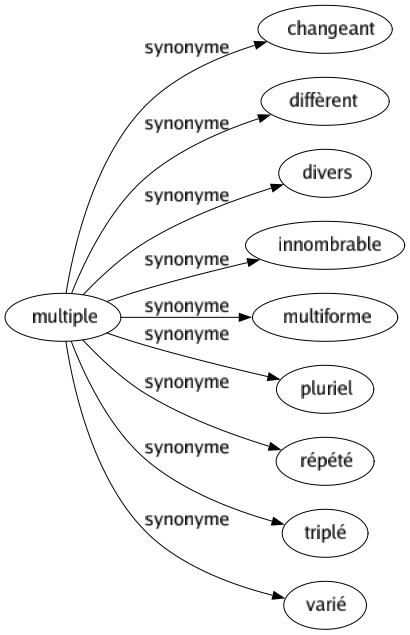 Synonyme de Multiple : Changeant Diffèrent Divers Innombrable Multiforme Pluriel Répété Triplé Varié 