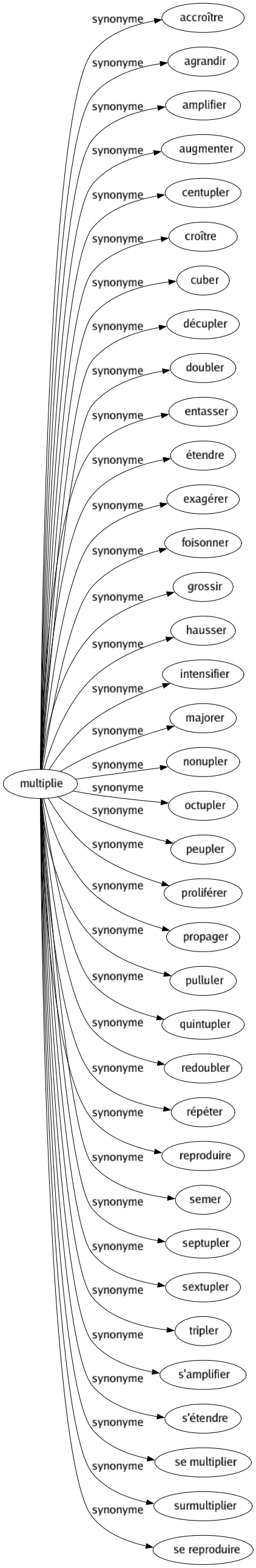 Synonyme de Multiplie : Accroître Agrandir Amplifier Augmenter Centupler Croître Cuber Décupler Doubler Entasser Étendre Exagérer Foisonner Grossir Hausser Intensifier Majorer Nonupler Octupler Peupler Proliférer Propager Pulluler Quintupler Redoubler Répéter Reproduire Semer Septupler Sextupler Tripler S'amplifier S'étendre Se multiplier Surmultiplier Se reproduire 