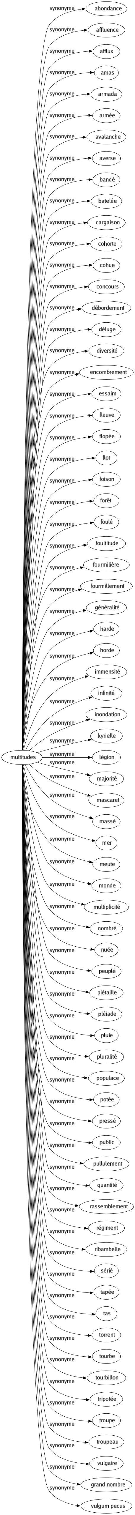 Synonyme de Multitudes : Abondance Affluence Afflux Amas Armada Armée Avalanche Averse Bandé Batelée Cargaison Cohorte Cohue Concours Débordement Déluge Diversité Encombrement Essaim Fleuve Flopée Flot Foison Forêt Foulé Foultitude Fourmilière Fourmillement Généralité Harde Horde Immensité Infinité Inondation Kyrielle Légion Majorité Mascaret Massé Mer Meute Monde Multiplicité Nombré Nuée Peuplé Piétaille Pléiade Pluie Pluralité Populace Potée Pressé Public Pullulement Quantité Rassemblement Régiment Ribambelle Sérié Tapée Tas Torrent Tourbe Tourbillon Tripotée Troupe Troupeau Vulgaire Grand nombre Vulgum pecus 