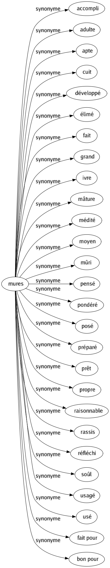 Synonyme de Mures : Accompli Adulte Apte Cuit Développé Élimé Fait Grand Ivre Mâture Médité Moyen Mûri Pensé Pondéré Posé Préparé Prêt Propre Raisonnable Rassis Réfléchi Soûl Usagé Usé Fait pour Bon pour 