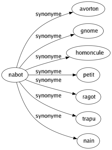 Synonyme de Nabot : Avorton Gnome Homoncule Petit Ragot Trapu Nain 