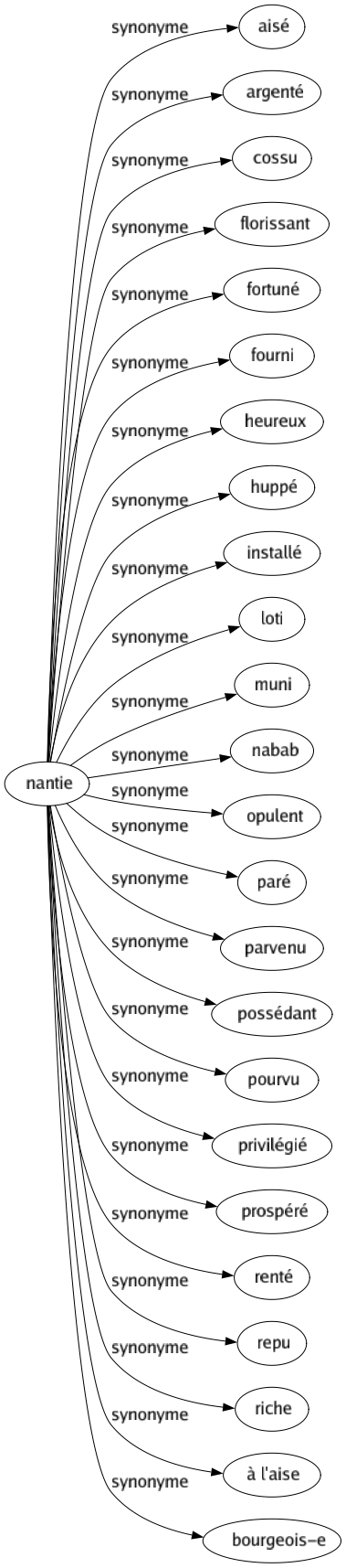 Synonyme de Nantie : Aisé Argenté Cossu Florissant Fortuné Fourni Heureux Huppé Installé Loti Muni Nabab Opulent Paré Parvenu Possédant Pourvu Privilégié Prospéré Renté Repu Riche À l'aise Bourgeois-e 