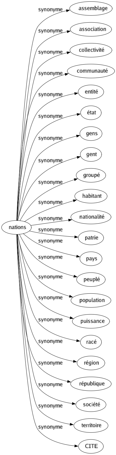 Synonyme de Nations : Assemblage Association Collectivité Communauté Entité État Gens Gent Groupé Habitant Nationalité Patrie Pays Peuplé Population Puissance Racé Région République Société Territoire Cite 