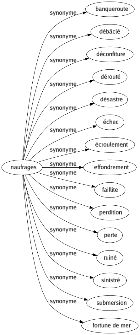 Synonyme de Naufrages : Banqueroute Débâclé Déconfiture Dérouté Désastre Échec Écroulement Effondrement Faillite Perdition Perte Ruiné Sinistré Submersion Fortune de mer 