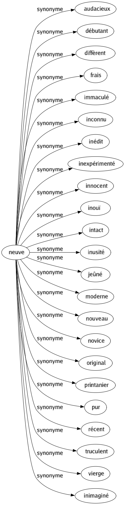 Synonyme de Neuve : Audacieux Débutant Diffèrent Frais Immaculé Inconnu Inédit Inexpérimenté Innocent Inouï Intact Inusité Jeûné Moderne Nouveau Novice Original Printanier Pur Récent Truculent Vierge Inimaginé 