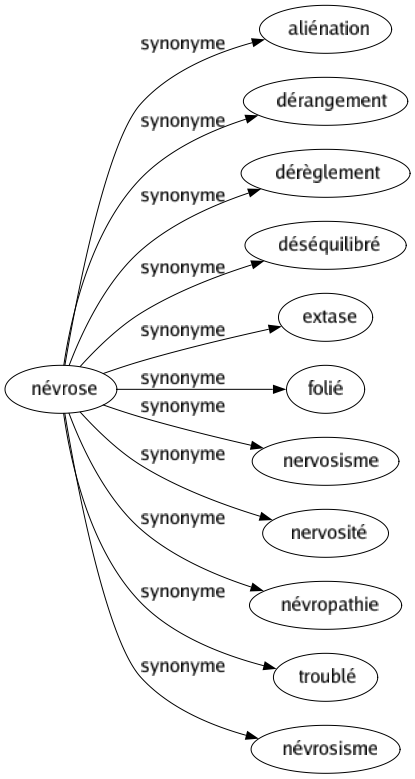 Synonyme de Névrose : Aliénation Dérangement Dérèglement Déséquilibré Extase Folié Nervosisme Nervosité Névropathie Troublé Névrosisme 